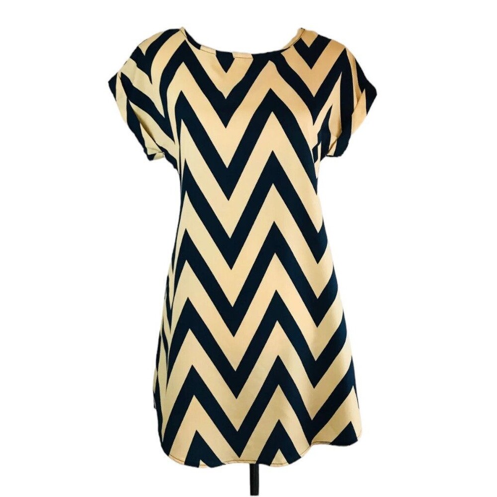 Noble U Womens Small Blue Tan Chevron Print Elastic Tie Back A-Line Dress